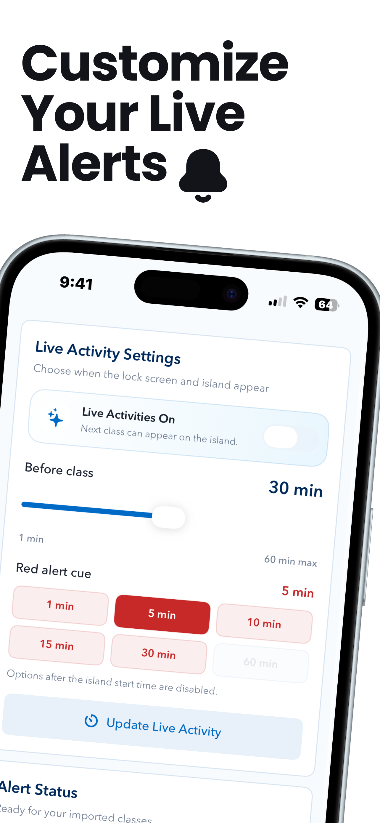 UTime live alert settings screen