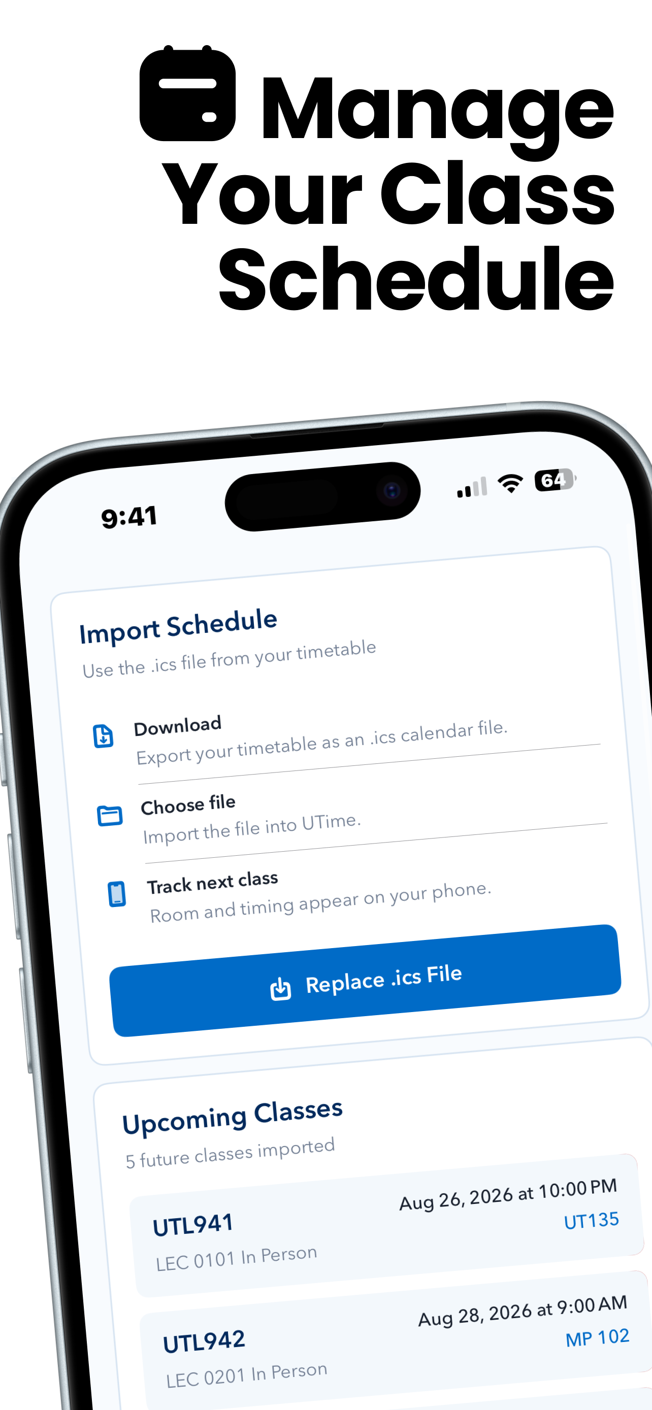UTime schedule import and class list screen